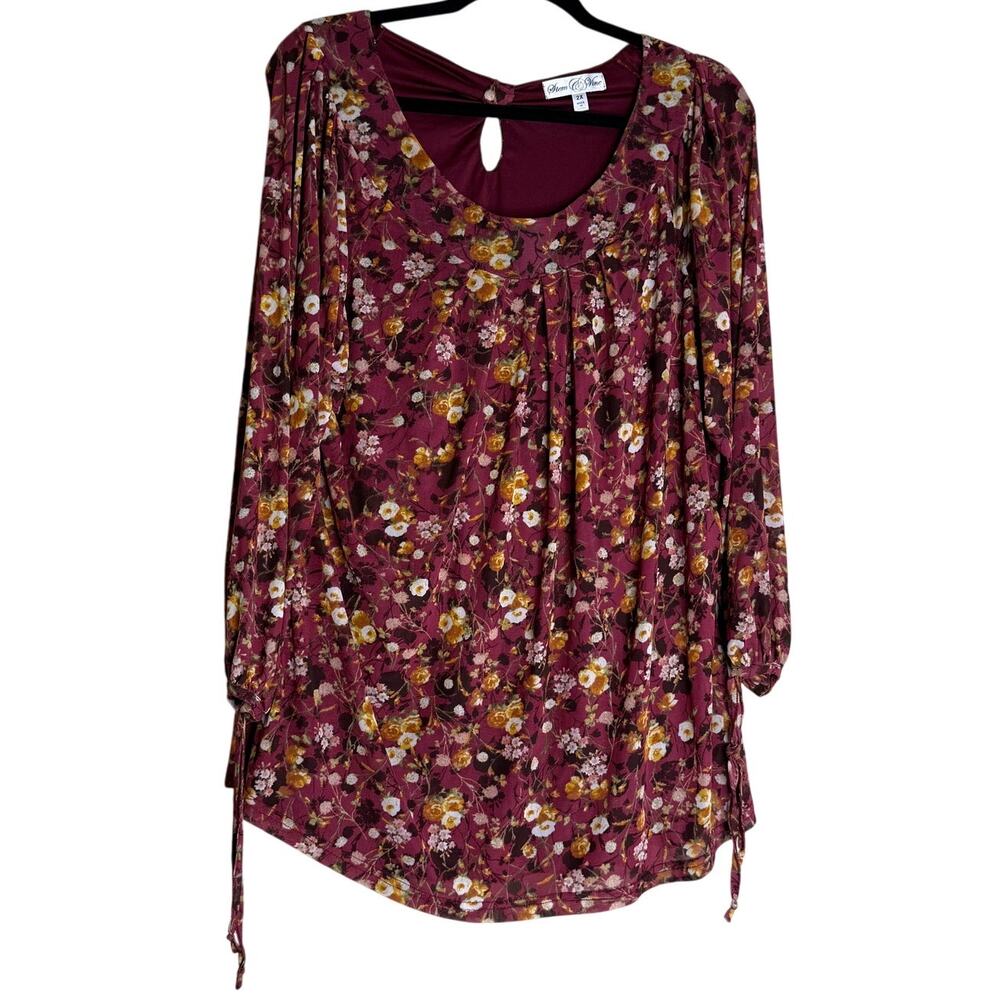 Stem & Vine Floral Peasant Blouse 2X Burgundy Boho Balloon Sleeve Plus - Picture 2 of 13